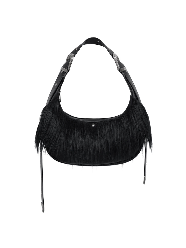 FUZZYKON Plush Black Embossed Embroidery Single Shoulder Bag