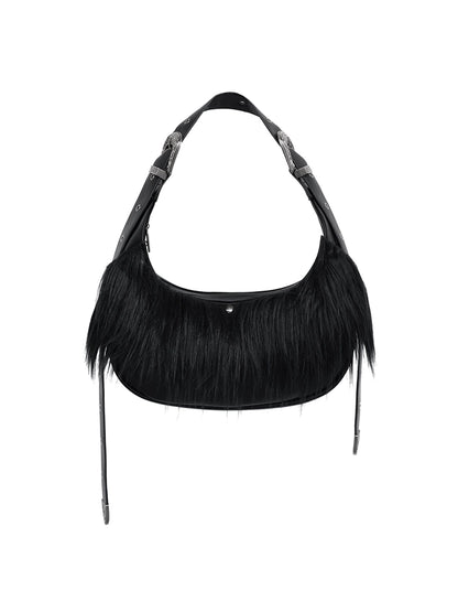 FUZZYKON Plush Black Embossed Embroidery Single Shoulder Bag