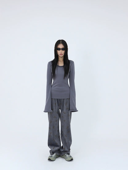 FUZZYKON Grey Velvet Drawstring Pants with Tree Pattern