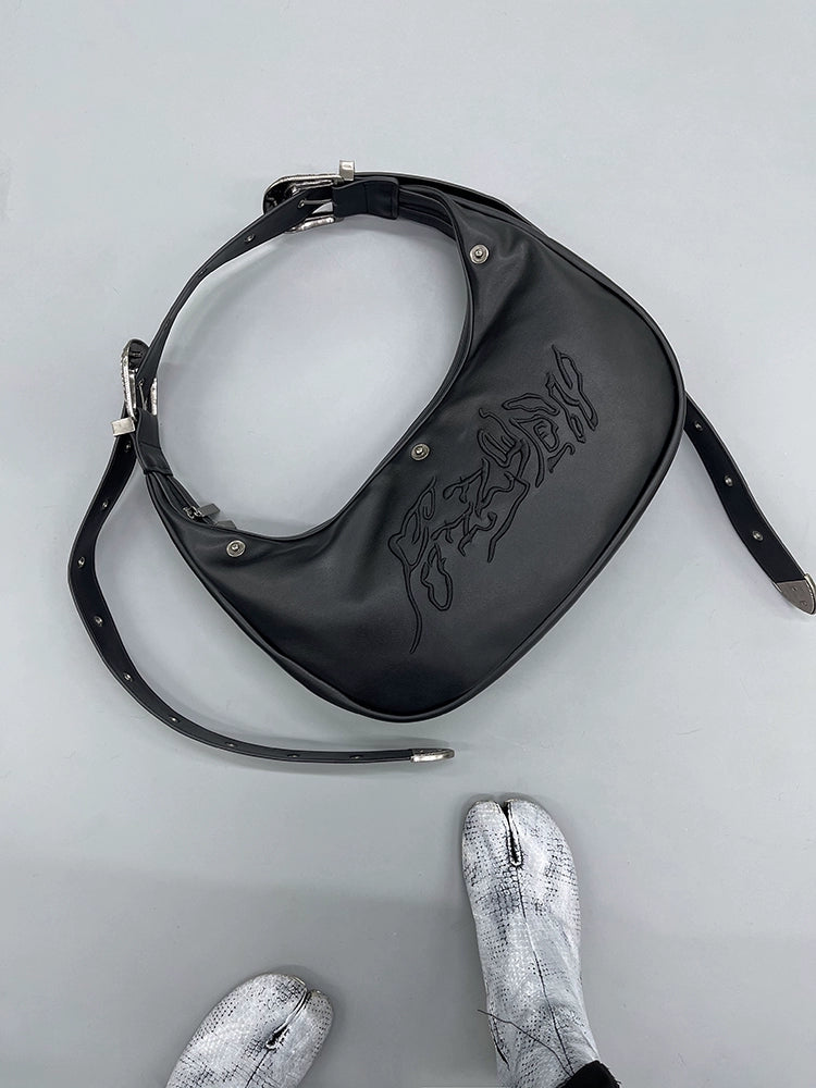 FUZZYKON Plush Black Embossed Embroidery Single Shoulder Bag