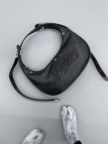 FUZZYKON Plush Black Embossed Embroidery Single Shoulder Bag
