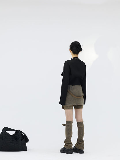 FUZZYKON Copper Brown High-Waisted Shorts Skirt with Leg Warmers