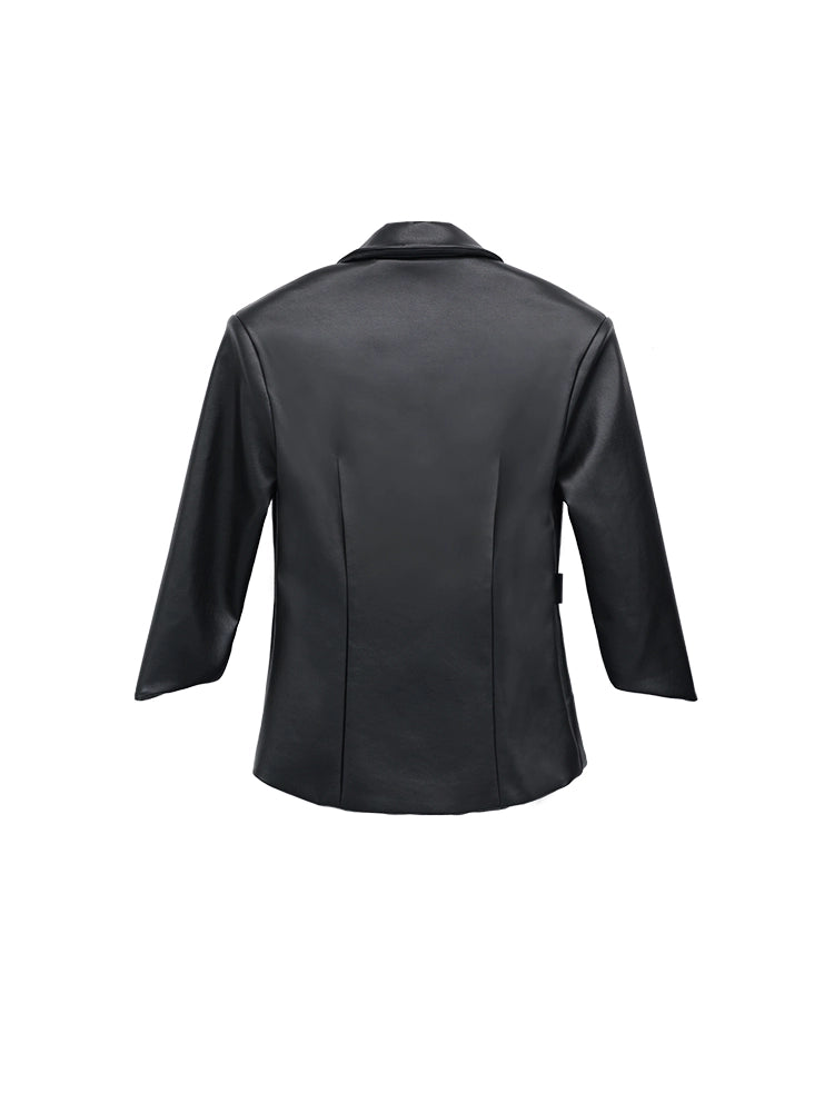 FUZZYKON Structured Waist Leather Jacket