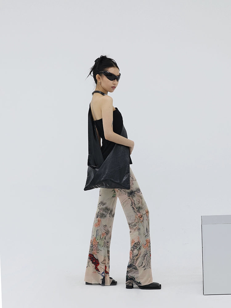 FUZZYKON New Chinese Style Print Elastic Mesh Flared Pants