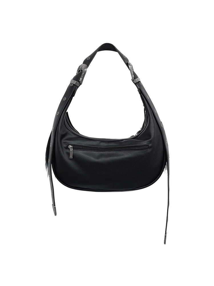 FUZZYKON Plush Black Embossed Embroidery Single Shoulder Bag
