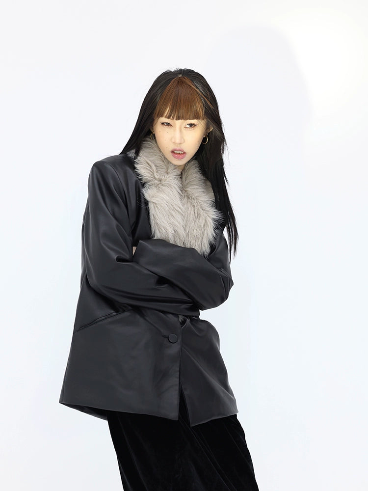 FUZZYKON Faux Fur Collar Leather Jacket