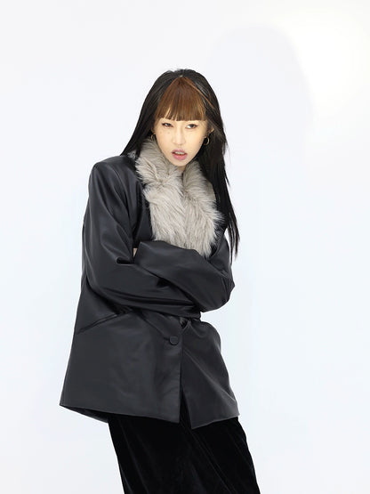 FUZZYKON Faux Fur Collar Leather Jacket