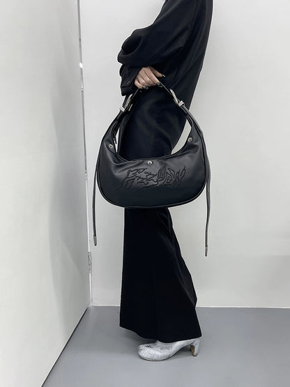 FUZZYKON Plush Black Embossed Embroidery Single Shoulder Bag