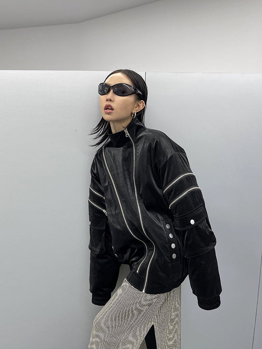 FUZZYKON Matte Leather Cotton-padded Jacket