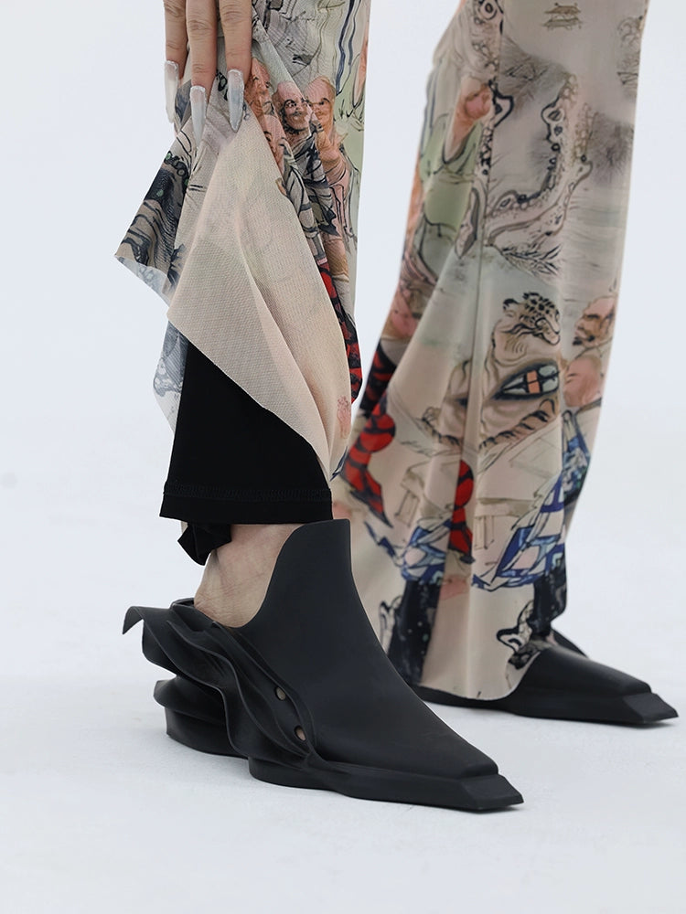 FUZZYKON New Chinese Style Print Elastic Mesh Flared Pants