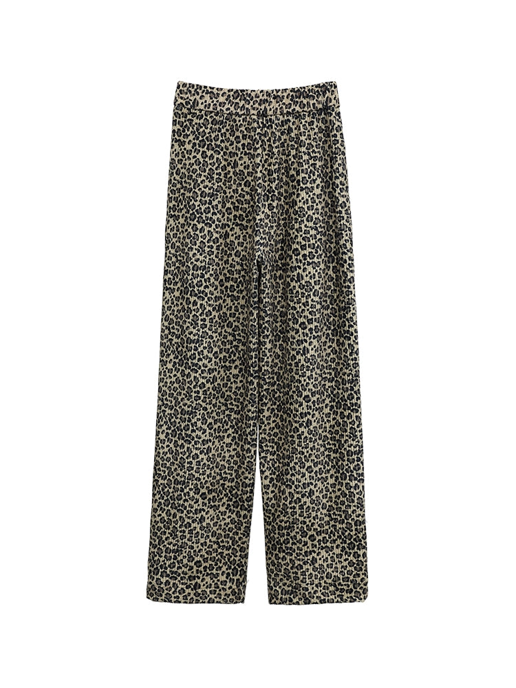 FUZZYKON Double-sided Flannel Pleated Loose Leopard Print Pants