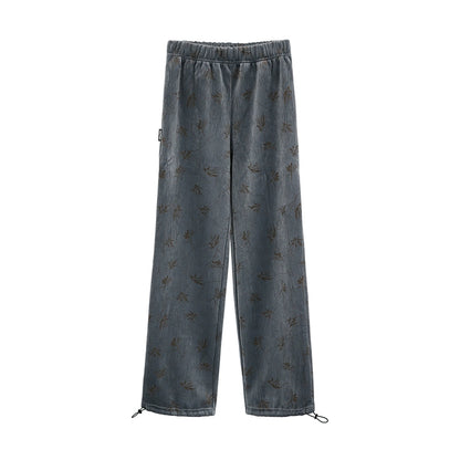 FUZZYKON Grey Velvet Drawstring Pants with Tree Pattern