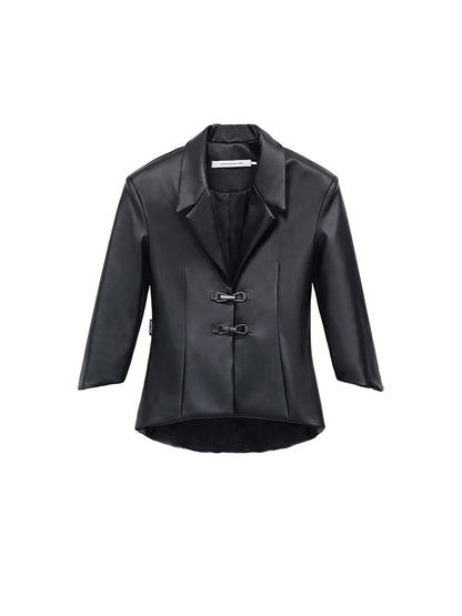 FUZZYKON Structured Waist Leather Jacket