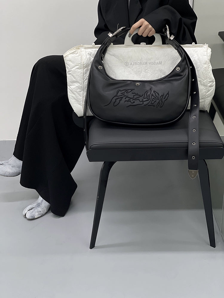 FUZZYKON Plush Black Embossed Embroidery Single Shoulder Bag