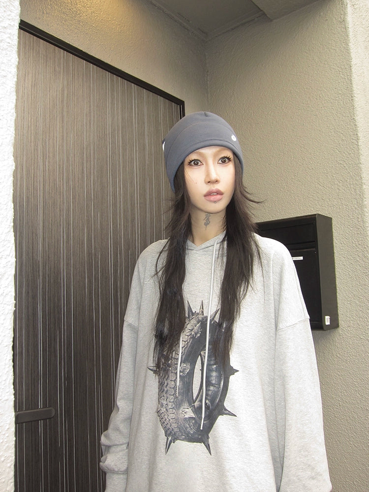 FUZZYKON Gray Hooded Oversized Thorn Tire Print Sweatshirt