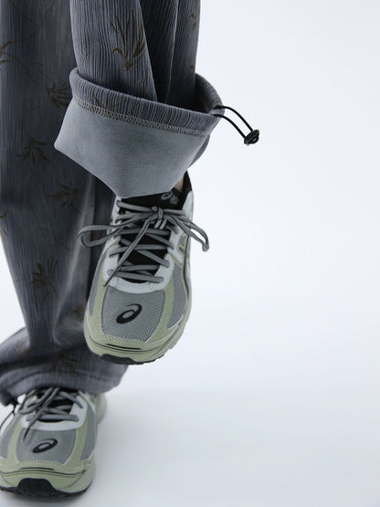 FUZZYKON Grey Velvet Drawstring Pants with Tree Pattern