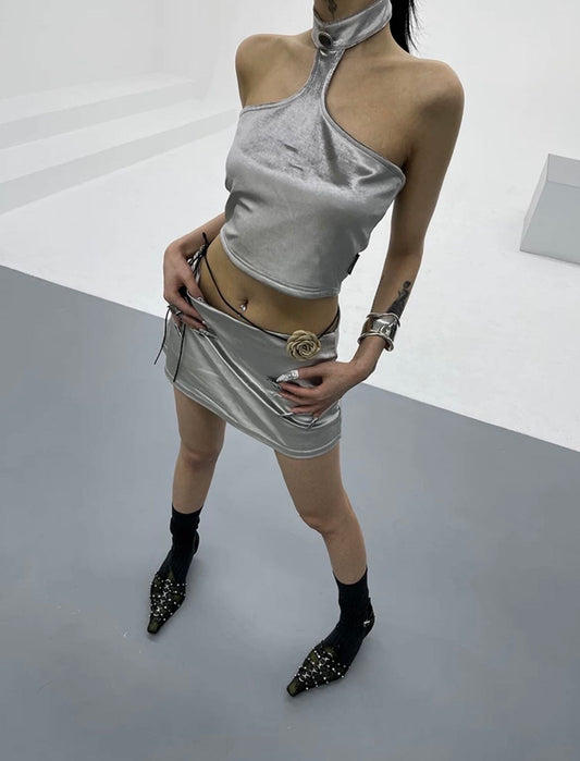 FUZZYKON Silver Halter Neck Set Dress