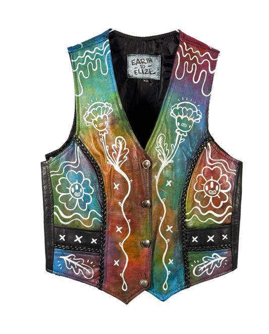 Hand Painted 'Psychedelic Garden' Leather Biker Vest