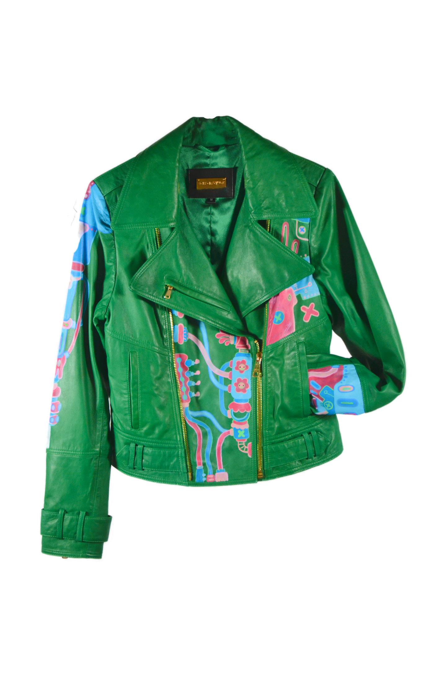 Space Cadet Moving Parts Green Leather Moto Jacket