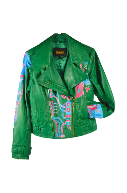 Space Cadet Moving Parts Green Leather Moto Jacket
