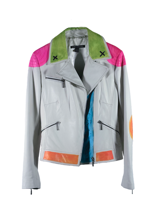 Space Cadet Hand Painted 'Neon Doodles' Leather Moto Jacket