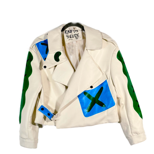 Space Cadet Hand Painted 'Strange Faces' Faux Leather Moto Jacket
